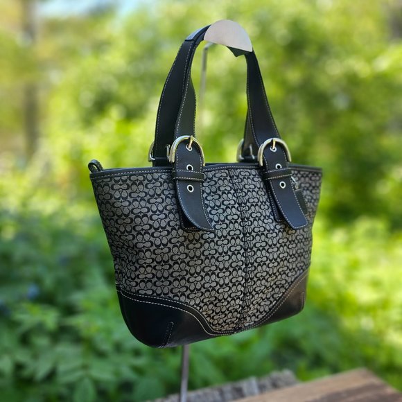 Coach Signature Shoulder Tote Bag Handbag Black and Tan Leather/canvas - Picture 3 of 15